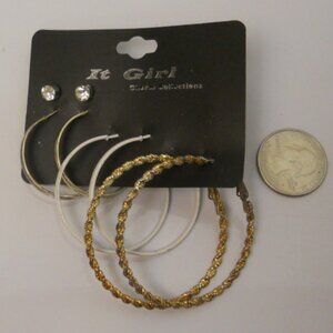 Women 4 Pair Hoop Earrings Rhinestones Multi Tones Leverback Fasteners IT GIRL